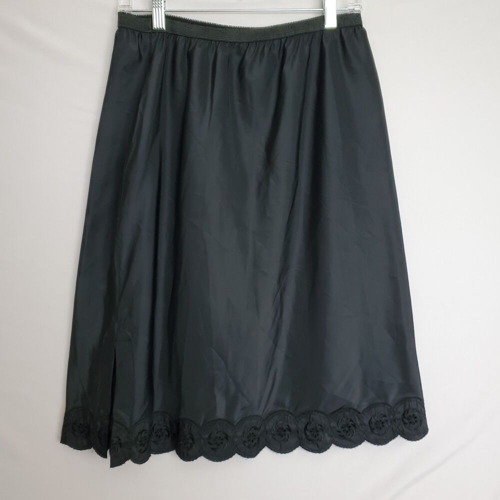 Vintage Dutchmaid Half Slip 38 Black Nylon Scalloped Hem Embroidery Midi Opaque